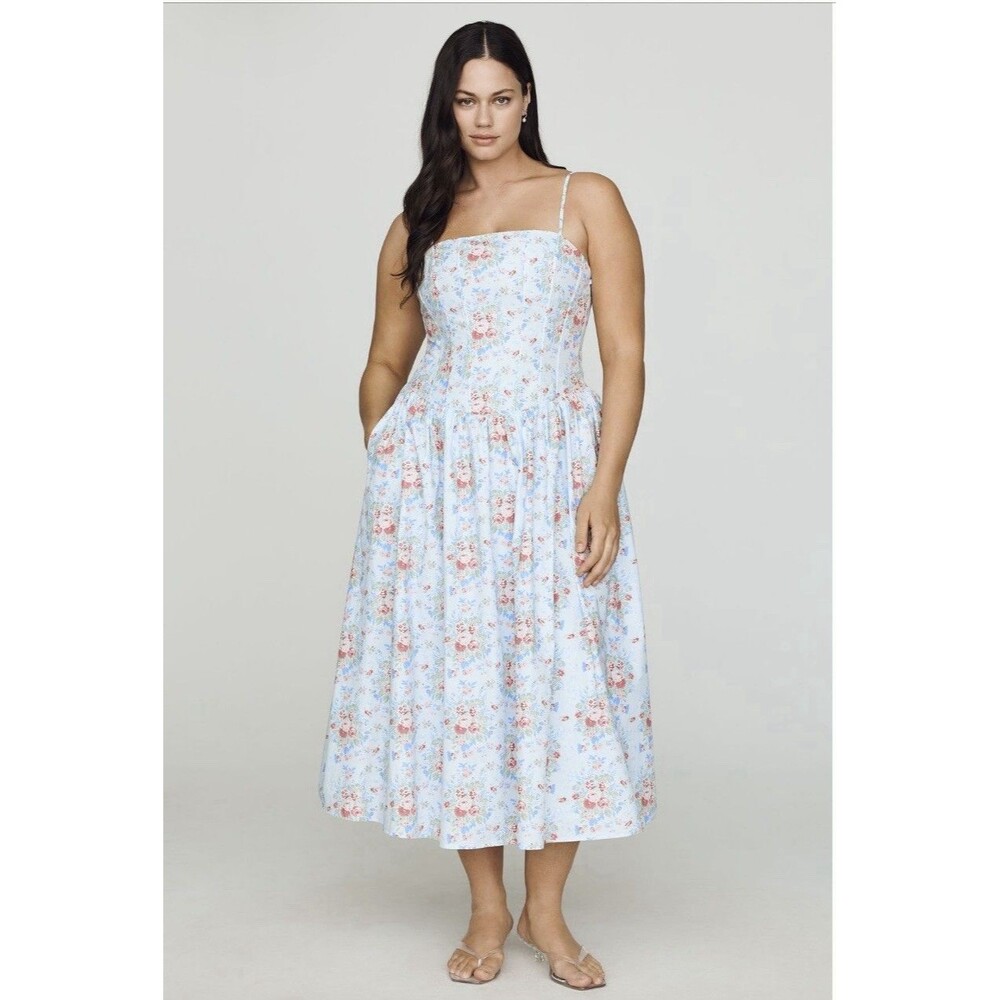Amy Jane London Smocked Square Neck Sundress Pockets Floral Midi Cotton XL NWT